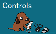A cartoon image of the player dog holding a wii remote, and Petasi next to a Playstation 2 controller.